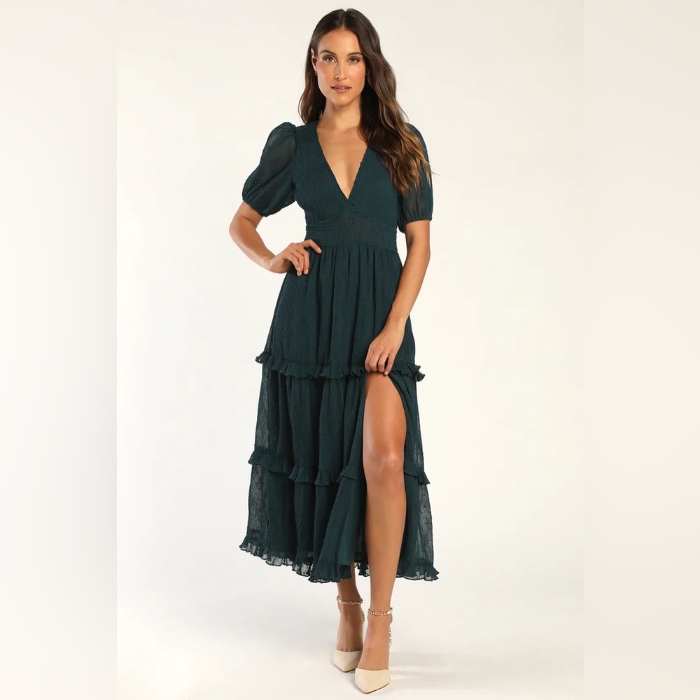 Lulus Tier to Please Dark Teal Puff Sleeve Swiss Dot Midi Dress